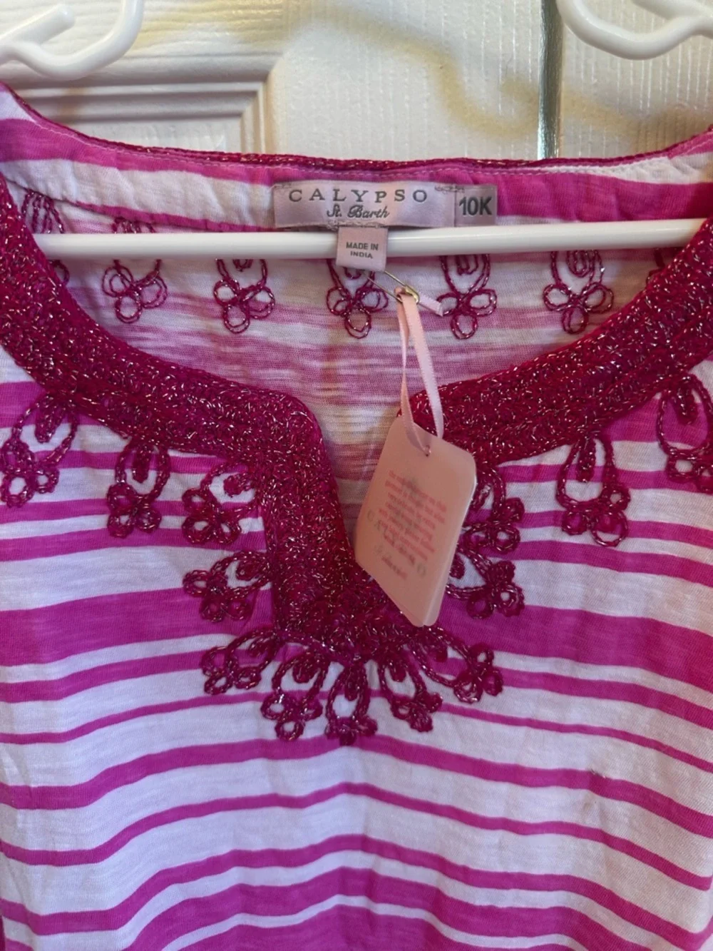 Calypso St. Barth Pink & White Striped Embellished Neck Tunic